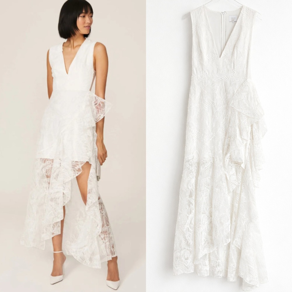 ONE33 Social White Lace Ruffle Midi Dress Size 4 High-Low Formal Bridal Party - Picture 2 of 16